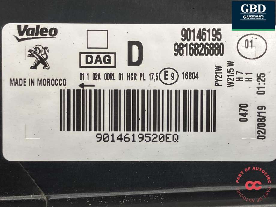 Frontlykt høyre halogen til Peugeot Partner 2019-->> (Type III)  (VALEO|98 168 268 80|90146195|)