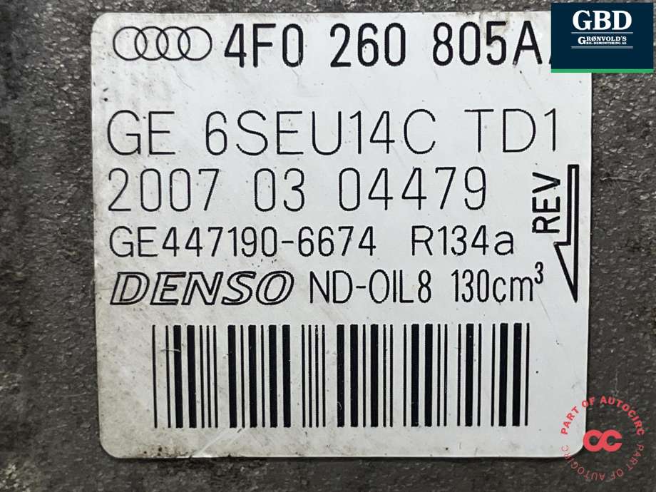 Aircondition kompressor til Audi A6 2005-2008 (Type III, Fase 1) (C6) (C6) (DENSO|4F0 260 805 P|GE447190-6674|)
