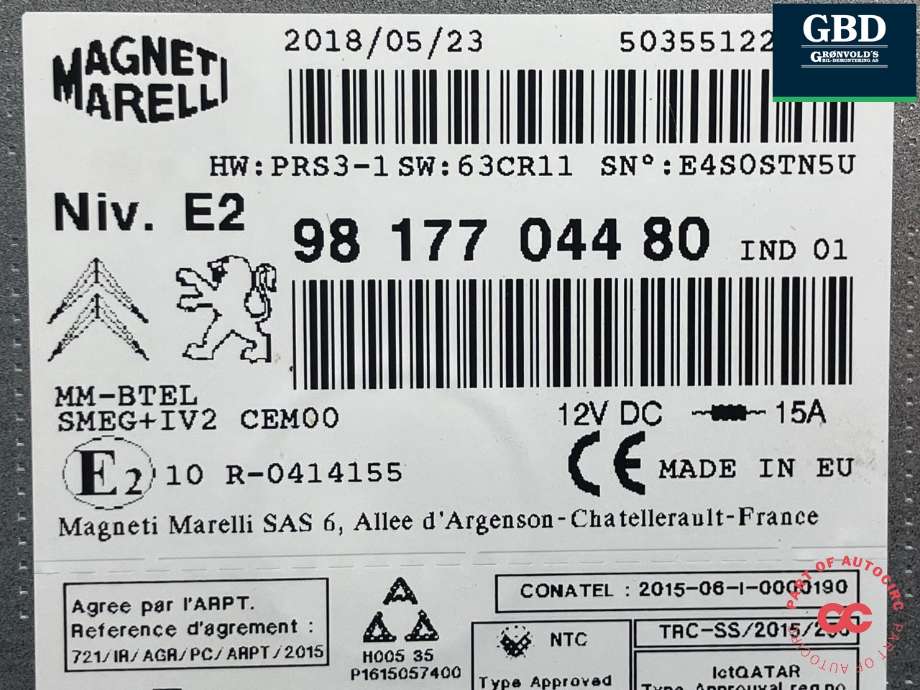 Bilstereo navigasjon til Peugeot Partner 2015-2019 (Type II, Fase 2)  (MAGNETI MARELLI|16 227 941 80|16 808 174 80|98 177 044 80)