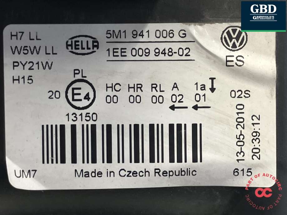 Frontlykt høyre halogen til VW Golf, Plus/Cross 2009-2013 (Fase 2) (HELLA|5M1 941 006 G|1EE 009 948-02|)