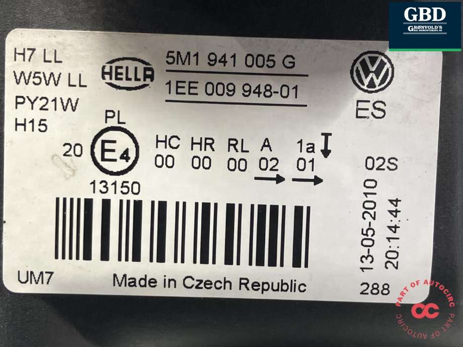 Frontlykt venstre halogen til VW Golf, Plus/Cross 2009-2013 (Fase 2)  (HELLA|5M1 941 005 G|1EE 009 948-01|)