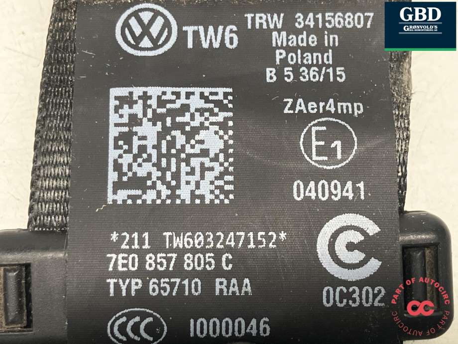 Sikkerhetsbelte foran venstre til VW Transporter / Caravelle 2015-2019 (T6) (T6) (TRW|7E0 857 805 D RAA|7E0 857 805 C RAA|34156807)