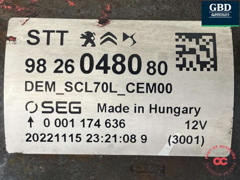 Starter diesel til Citroën Jumper 2014-->> (Type III, Fase 2)  (98 260 480 80|16 864 381 80|0 001 174 636)