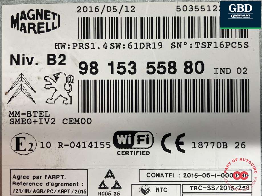 Bilstereo navigasjon til Peugeot Partner 2015-2019 (Type II, Fase 2)  (MAGNETI MARELLI|16 227 937 80|16 156 541 80|98 153 558 80)