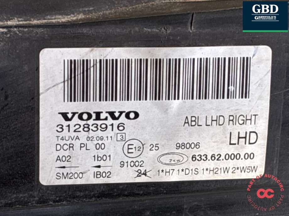 Frontlykt høyre xenon til Volvo V70 2007-2013 (Type III, Fase 1)  (31353539|31283916|)