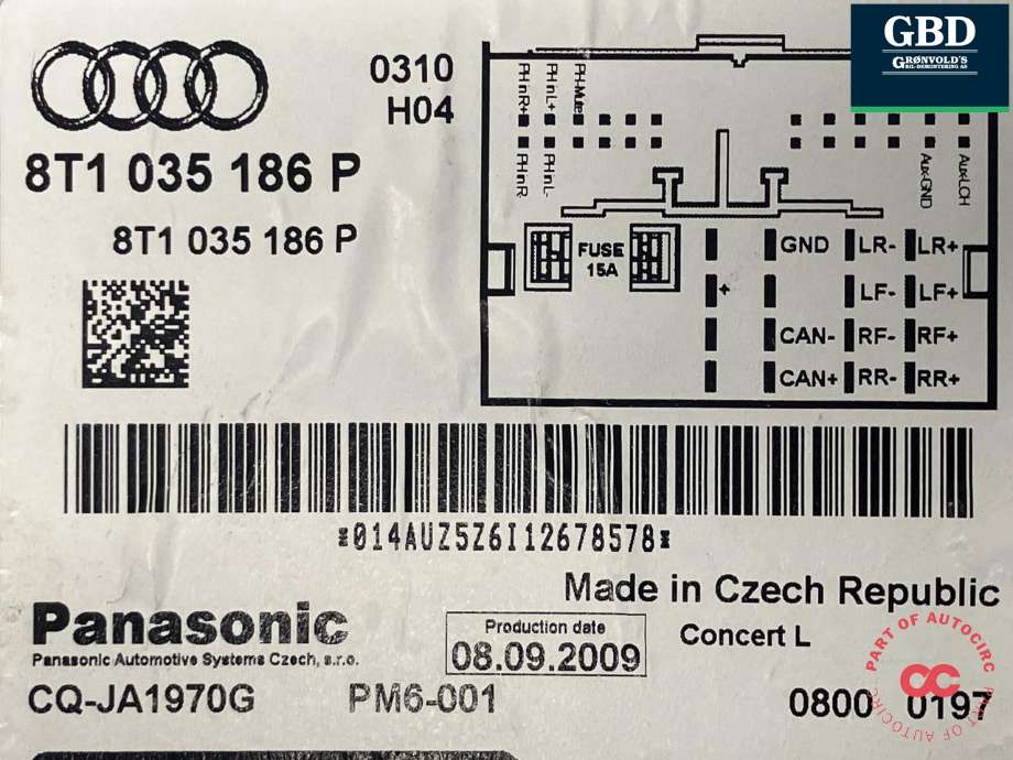 Bilstereo til Audi A4 2007-2014 (Type IV) (B8) (B8) (PANASONIC|8T1 057 186 P|8T1 035 186 P|CQ-JA1970G)