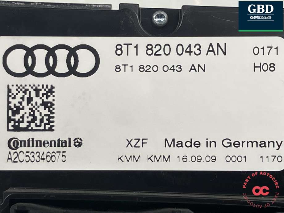 Varmeapparat betjening til Audi A4 2007-2014 (Type IV) (B8) (B8) (CONTINENTAL|8T1 820 043 AS XZF|8T1 820 043 AH XZF|8T1 820 043 AN| A2C53346675)