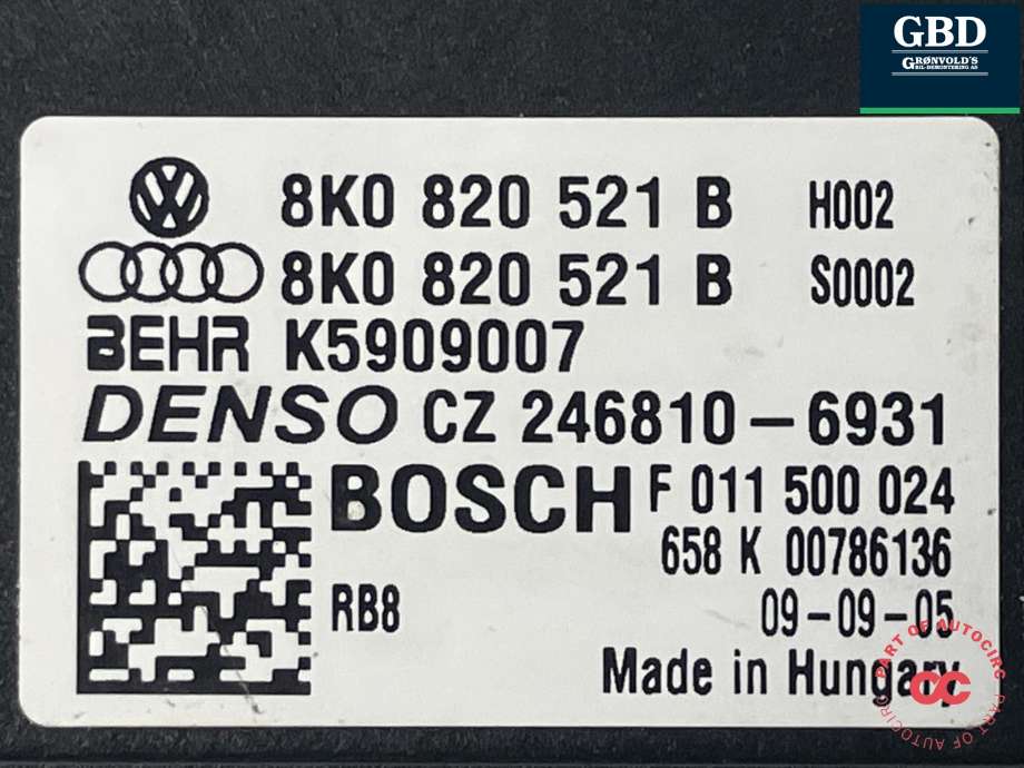 Varmeapparat motstand til Audi A4 2007-2014 (Type IV) (B8) (B8) (BOSCH|8K0 820 521 B|F 011 500 024)