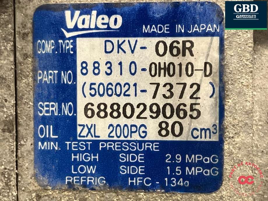 Aircondition kompressor til Toyota Aygo 2005-2014 (Type I)  (VALEO|883100H010|88310-0H010|506021-7372)