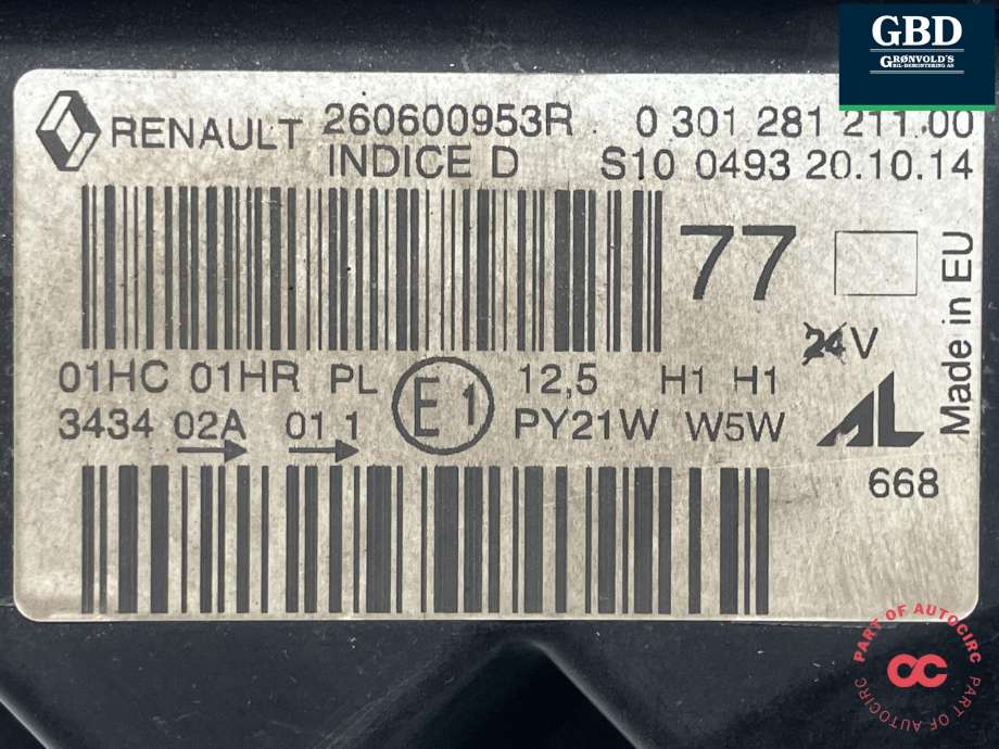 Frontlykt venstre halogen til Renault Captur 2013-2020 (Type I)  (AUTOMOTIVE LIGHTING|260603859R|260600953R|0 301 281 211.00)