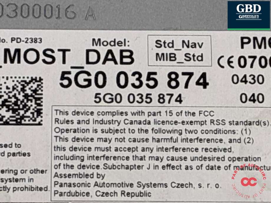 Bilstereo navigasjon spiller til VW Golf VII 2012-2017 (Fase 1) (5G0 035 858|5G0 035 858 X|5G0 035 874)