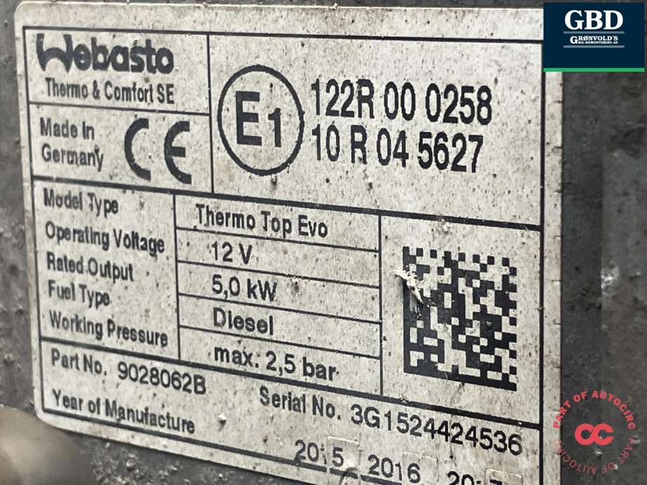 Dieselvarmer til VW Transporter / Caravelle 2015-2019 (T6) (T6) (WEBASTO|7E0 898 008 G|7E0 898 008 A|9028062B)