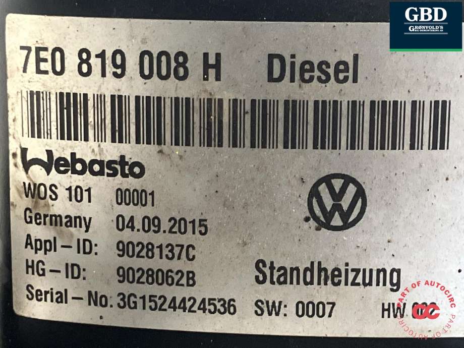 Dieselvarmer til VW Transporter / Caravelle 2015-2019 (T6) (T6) (WEBASTO|7E0 898 008 G|7E0 898 008 A|9028062B)
