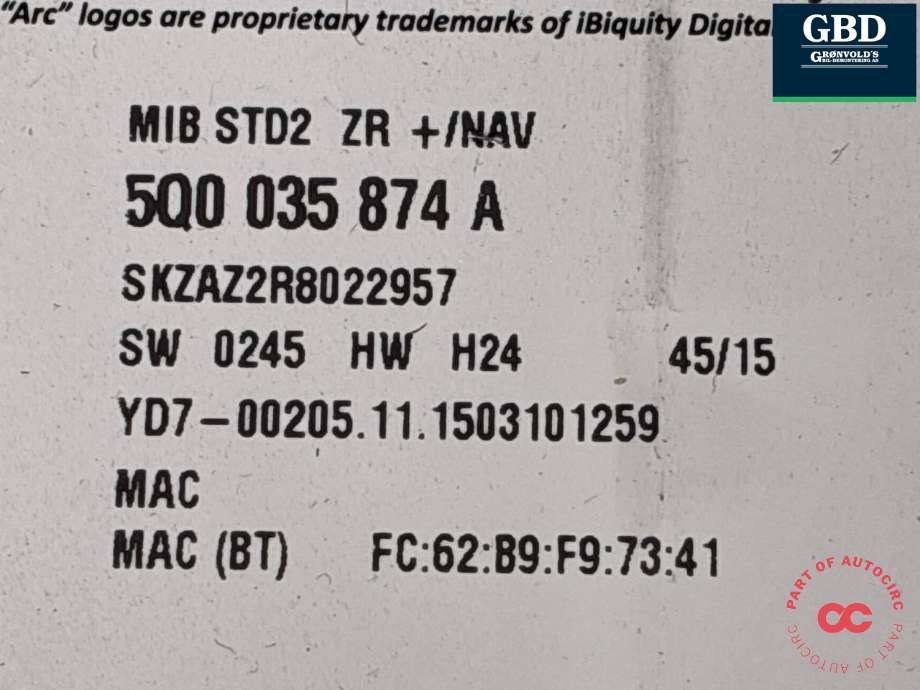 Bilstereo navigasjon spiller til Škoda Octavia 2013-2016 (Type III, Fase 1) (5Q0 035 874 A|)