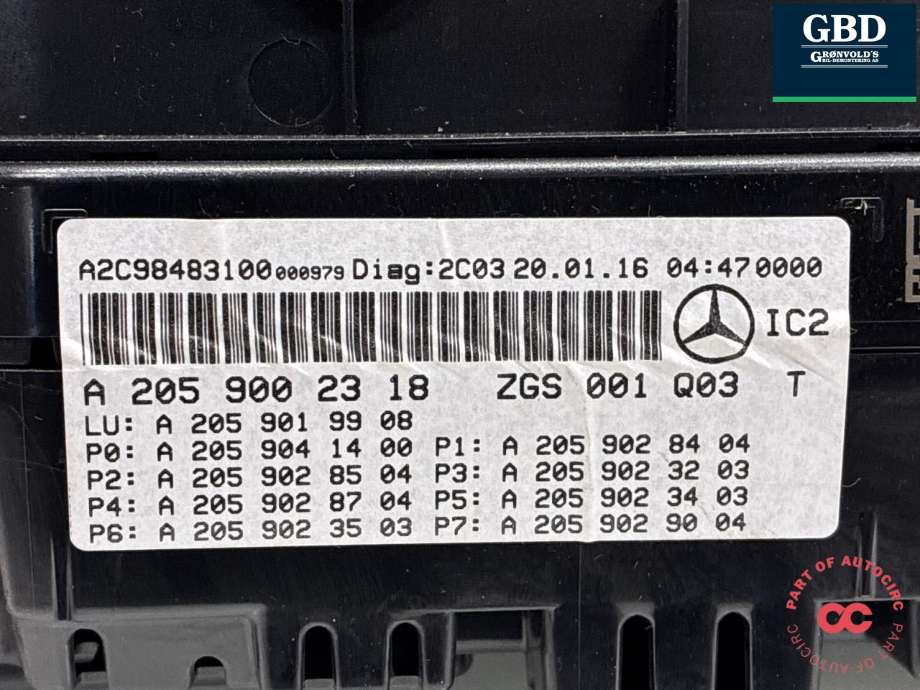 Instrumentpanel til Mercedes C-Klasse 2014-2018 (Fase 1) (W205) (W205) (A 205 900 23 18|ZGS 001 Q03|)