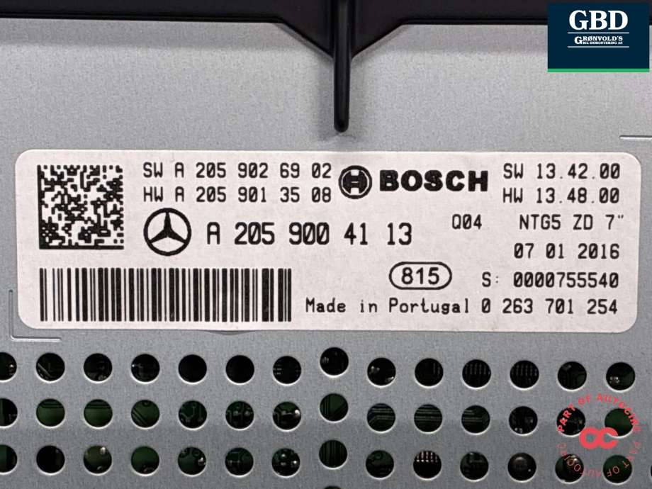 Bilstereo navigasjon skjerm til Mercedes C-Klasse 2014-2018 (Fase 1) (W205) (W205) (BOSCH|A 205 900 41 13|A 205 900 41 13 80|A 205 902 69 02)