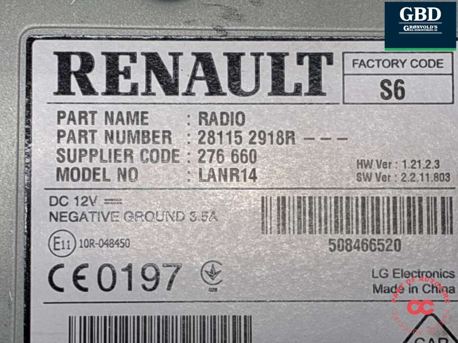 Bilstereo til Renault Kadjar 2015-->>  (281150269R|28115 2918R|)