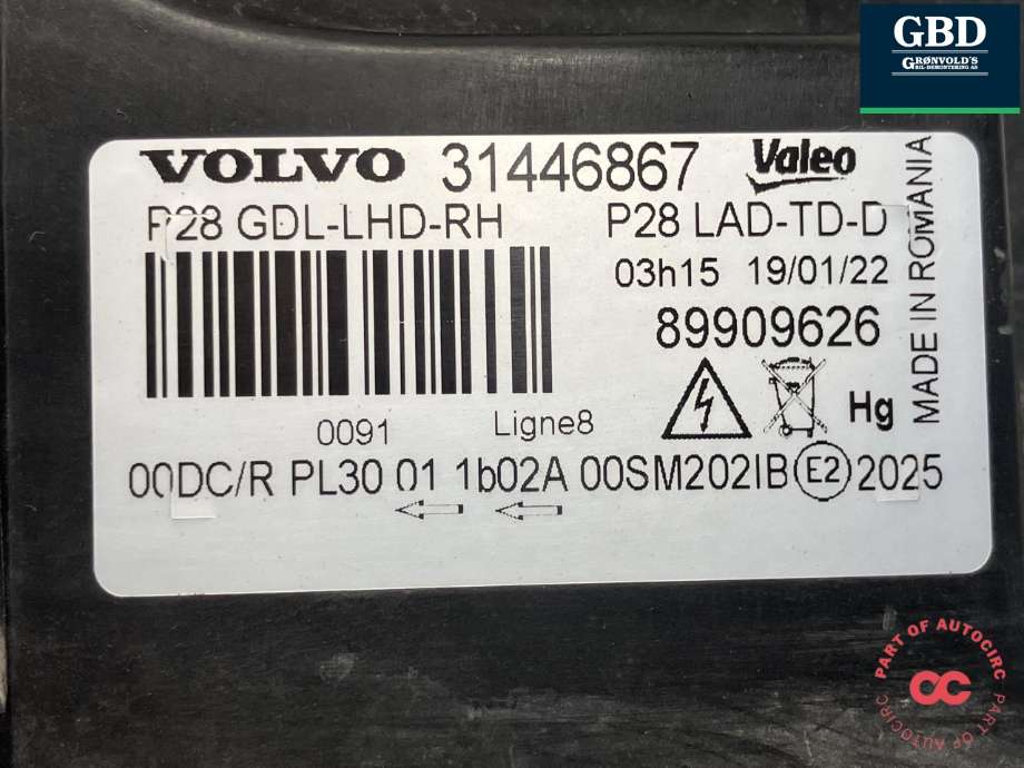 Frontlykt høyre xenon til Volvo XC90 2002-2006 (Type I, Fase 1)  (VALEO|31111187|31446867|89909626)