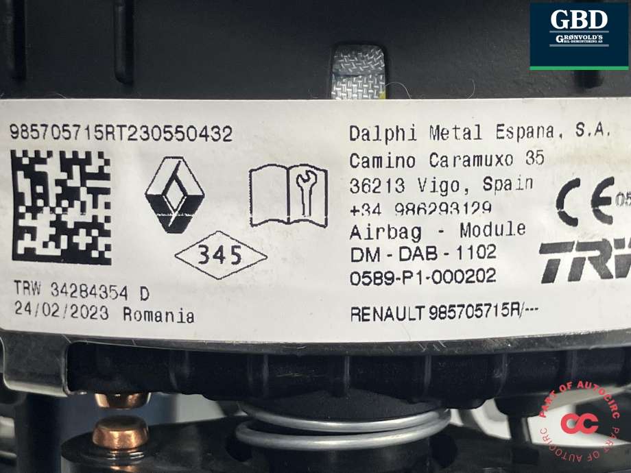 Airbag rattpute til Renault Express 2021-->> (985705715R|34284354 D|)