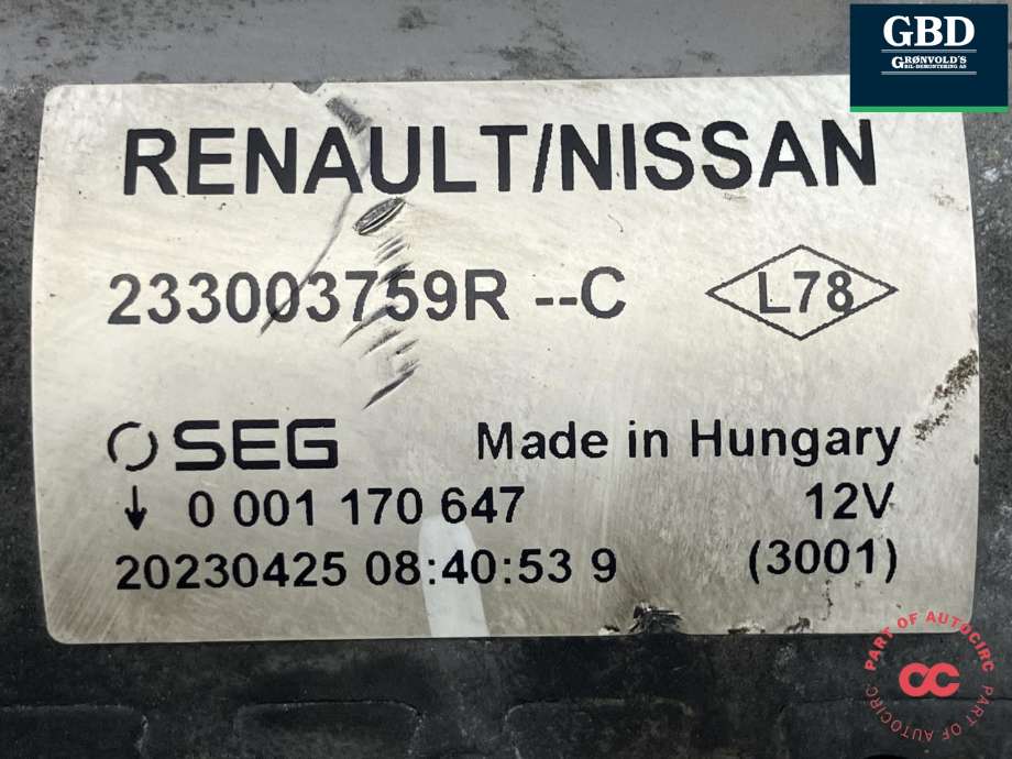 Starter diesel til Renault Express 2021-->>  (233003759R|233002221R|0 001 170 647)