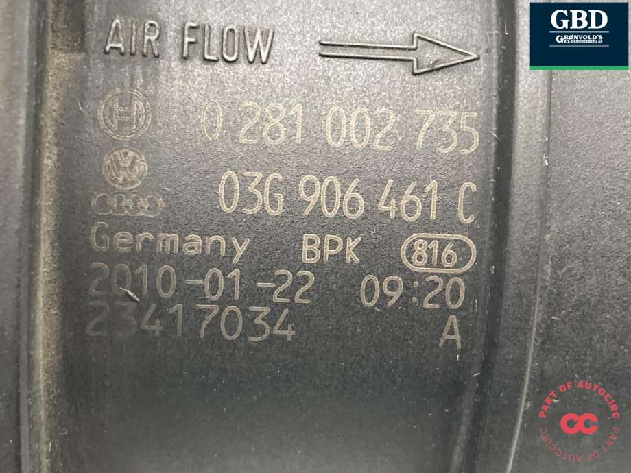 Luftmengde/luftmassemåler til Audi A6 2008-2011 (Type III, Fase 2) (C6) (C6) (|03G 906 461 C)