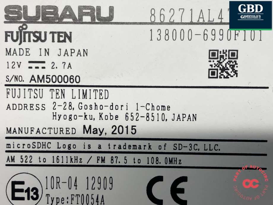 Bilstereo navigasjon til Subaru Outback 2015-2020 (Type V) (FUJITSU TEN|86271AL470|138000-6990F101|)