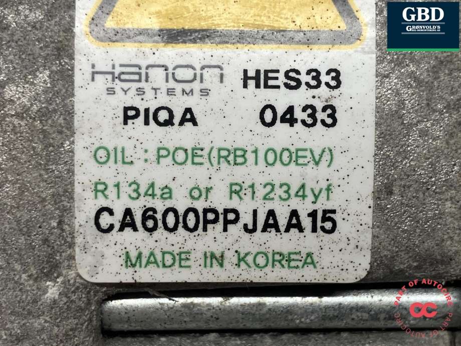 Aircondition kompressor elbil til Hyundai Kona 2021-2023 (Type I, Fase 2) (HANON|97701K4000|HES33|CA600PPJAA15)