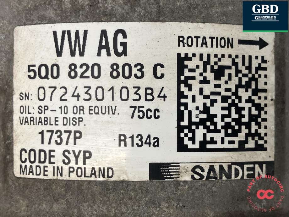 Aircondition kompressor til Škoda Octavia 2013-2016 (Type III, Fase 1) (SANDEN|5Q0 820 803 P|5Q0 820 803 C|5Q0 820 803 J| 5Q0 820 803 K)