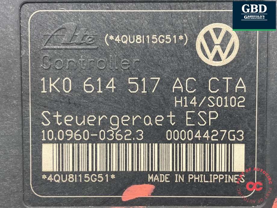 ABS sentral til VW Touran 2007-2010 (Type I, Fase 2)  (ATE|1K0 614 517 AC BEF|1K0 614 517 AC|10.0206-0222.4)