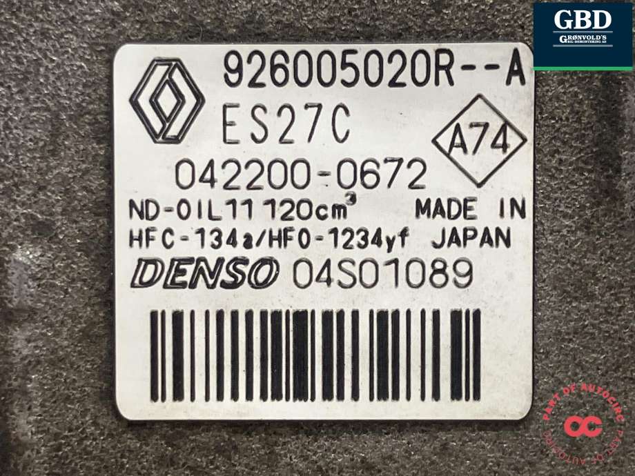 Aircondition kompressor elbil til Renault Zoe 2013-2019 (Fase 1) (926008999R|926008525R|042200-0672)