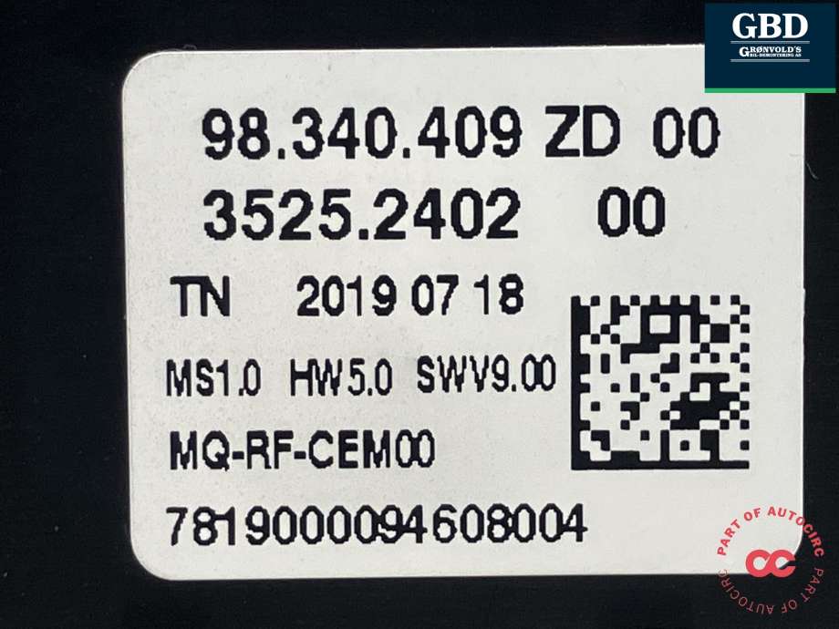 Varmeapparat betjening til Peugeot Partner 2019-->> (Type III) (98 340 409 ZD|3525.2402|)