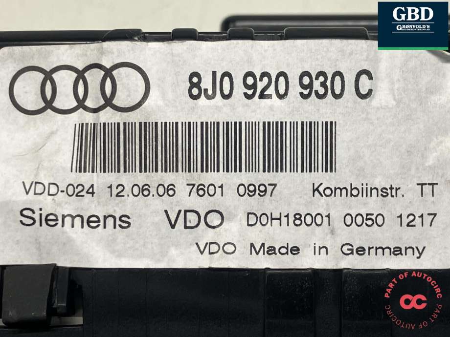 Instrumentpanel til Audi TT 2006-2014 (Type II)  (SIEMENS VDO|8J0 920 930 E|8J0 920 930 EX|D0H18001 0050 1217)
