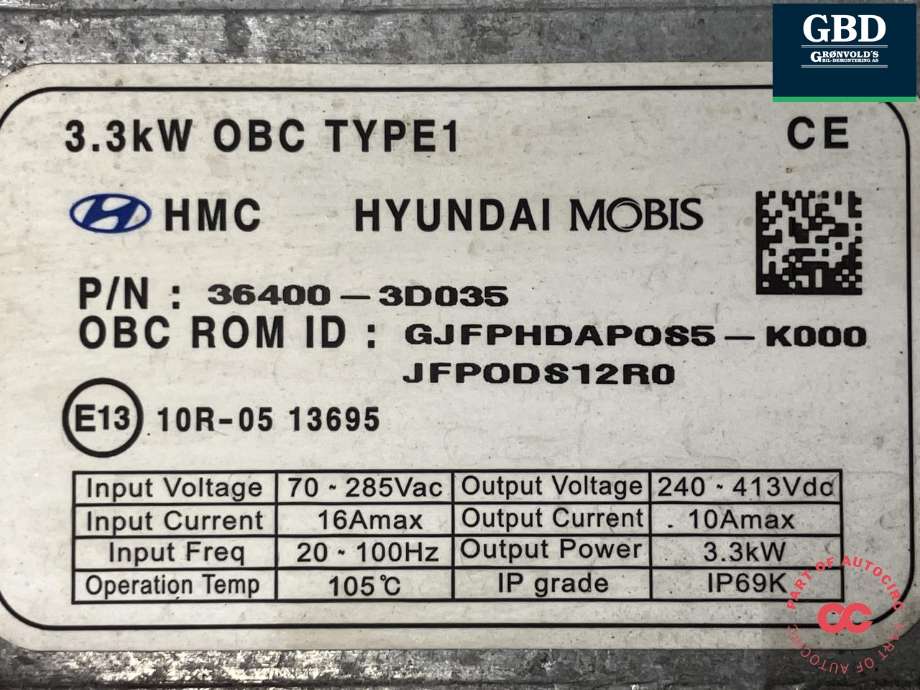 Batterilader (OBC - On Board Charger) til Kia Optima 2017-2020 (MOBIS|364003D035|36400-3D035|)