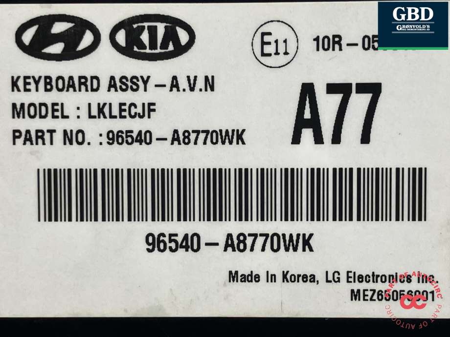 Bilstereo betjeningspanel til Kia Optima 2017-2020  (LG|96540A8770WK|96540-A8770WK|)