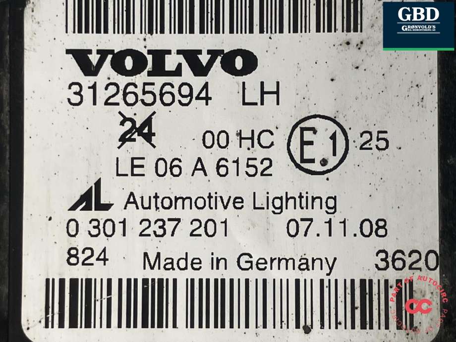 Frontlykt venstre halogen til Volvo V50 2007-2012 (Fase 2) (AUTOMOTIVE LIGHTING|32206139|31265694|0 301 237 201)
