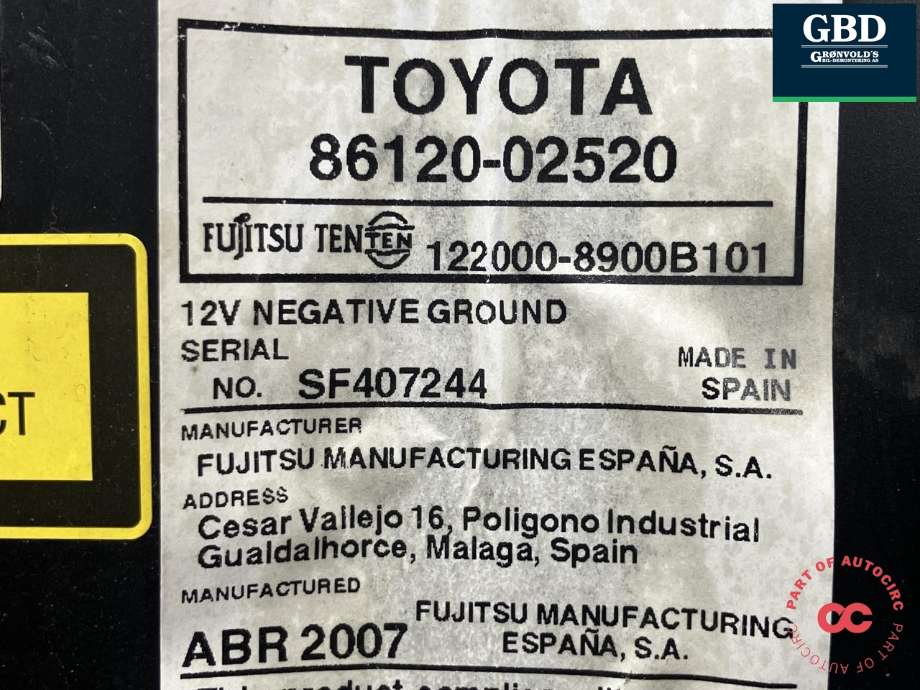 Bilstereo til Toyota Auris 2007-2010 (Type I, Fase 1)  (FUJITSU TEN|8612002521|8612002520|122000-8900B101)