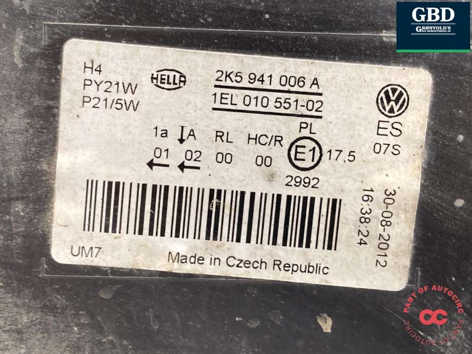 Frontlykt høyre halogen til VW Caddy 2010-2015 (Type III, Fase 2) (2K5 941 006 A|)