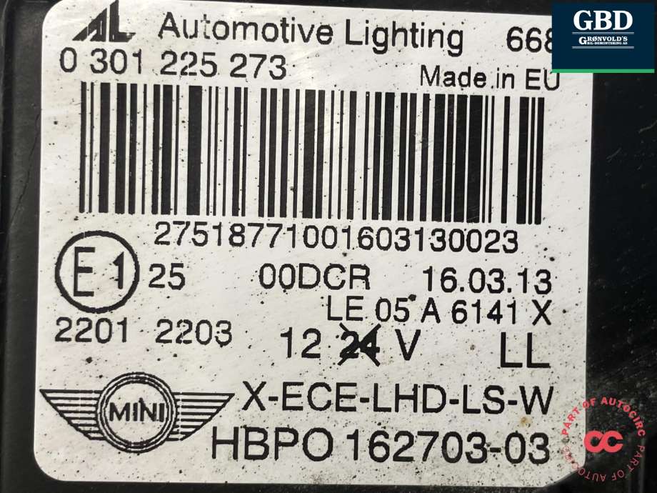 Frontlykt venstre xenon til Mini One/Cooper 2007-2014 (R55-57) (R55-57) (AUTOMOTIVE LIGHTING|63 12 7 269 983|0 301 225 273|)