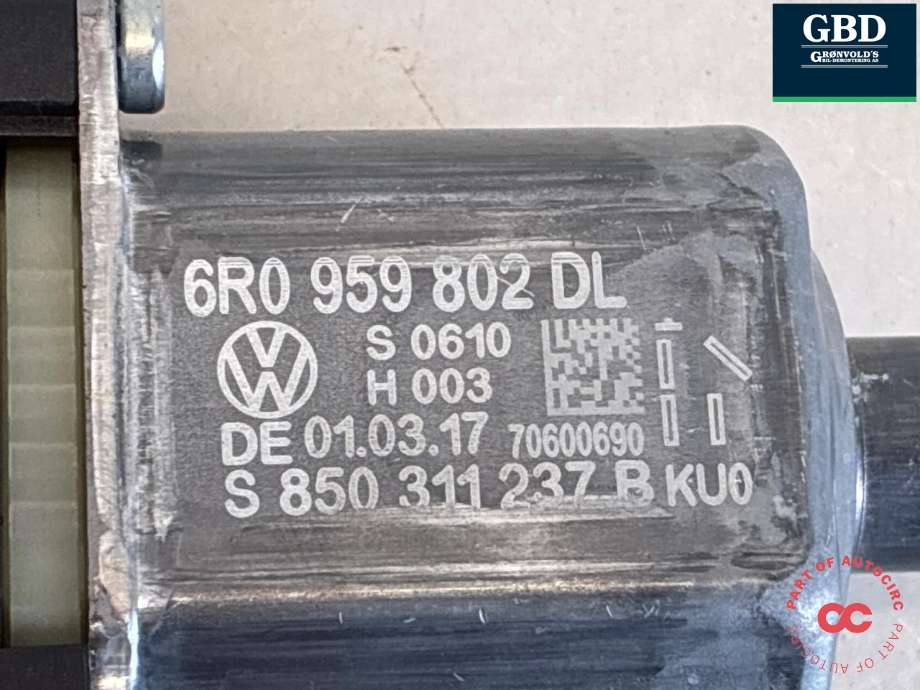 Ruteheis, kun motor, høyre foran til VW Polo 2017-2021 (Type VI, Fase 1) (6R0 959 802 DN Z00|)