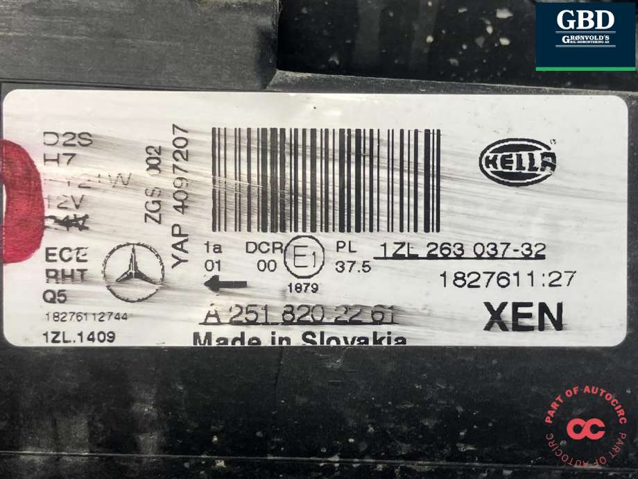 Frontlykt høyre xenon til Mercedes R-Klasse 2006-2013 (W251) (W251) (HELLA|A 251 820 22 61|A 251 820 14 61|1ZL 263 037-32)