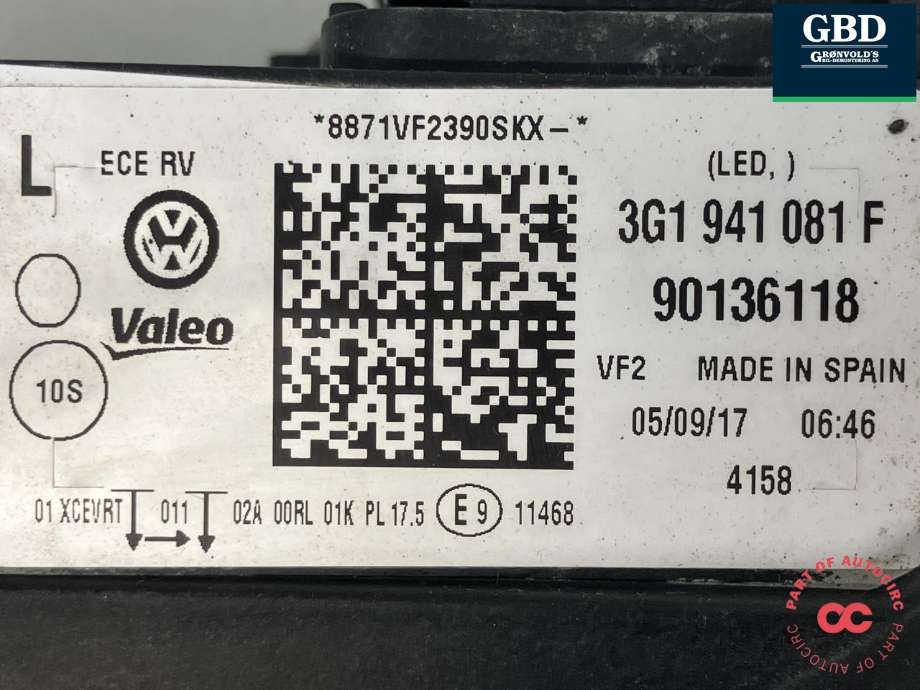 Frontlykt venstre full-LED til VW Passat 2015-2019 (Fase 1) (B8) (B8) (VALEO|3G1 941 113 A|3G1 941 081 F|90136118)