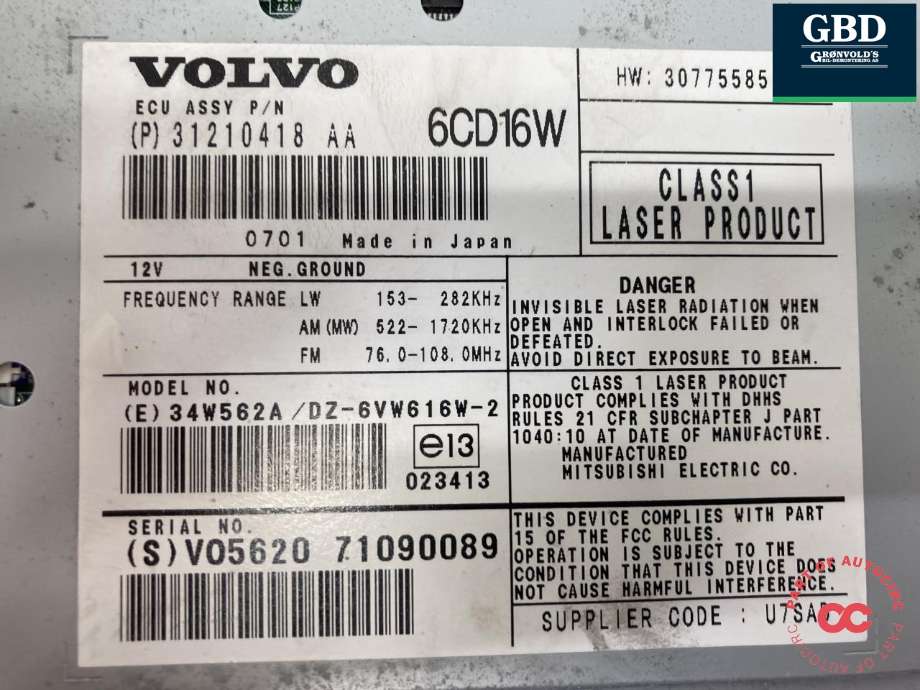 Bilstereo til Volvo C30 2006-2009 (Fase 1)  (|31210418 AA)