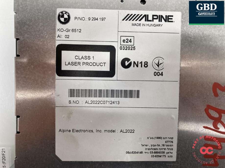 Bilstereo til BMW 1-Serie 2011-2015 (Fase 1) (F20/F21) (F20/F21) (65 12 9 262 045|9 294 197|)