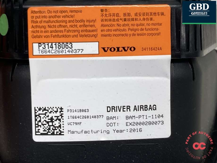Airbag rattpute til Volvo V60/V60 CC 2013-2018 (Type I, Fase 2)  (31351034|P31418063|)