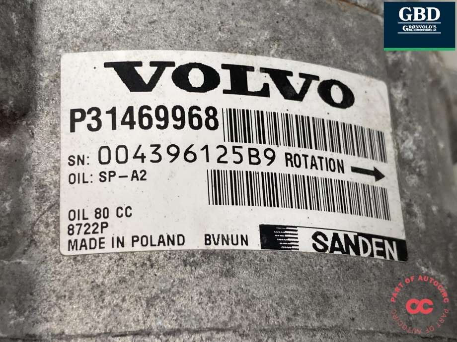 Aircondition kompressor til Volvo V60/V60 CC 2013-2018 (Type I, Fase 2)  (36001870|P31469968|)