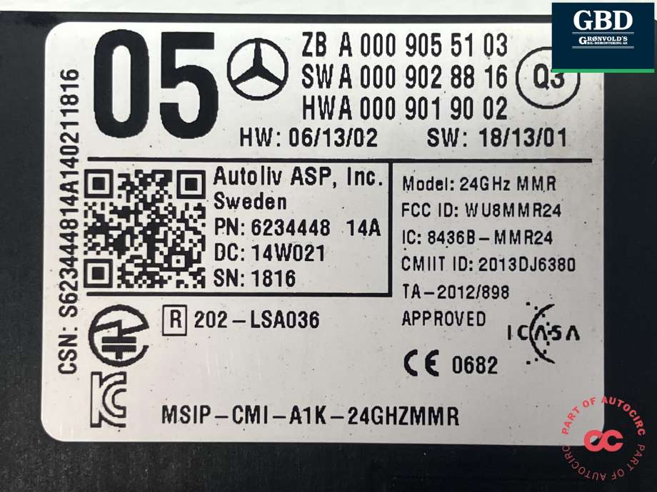Sensor radar til Mercedes B-Klasse 2011-2018 (W246) (W246) (AUTOLIV||A 000 905 51 03|A 000 902 88 16)