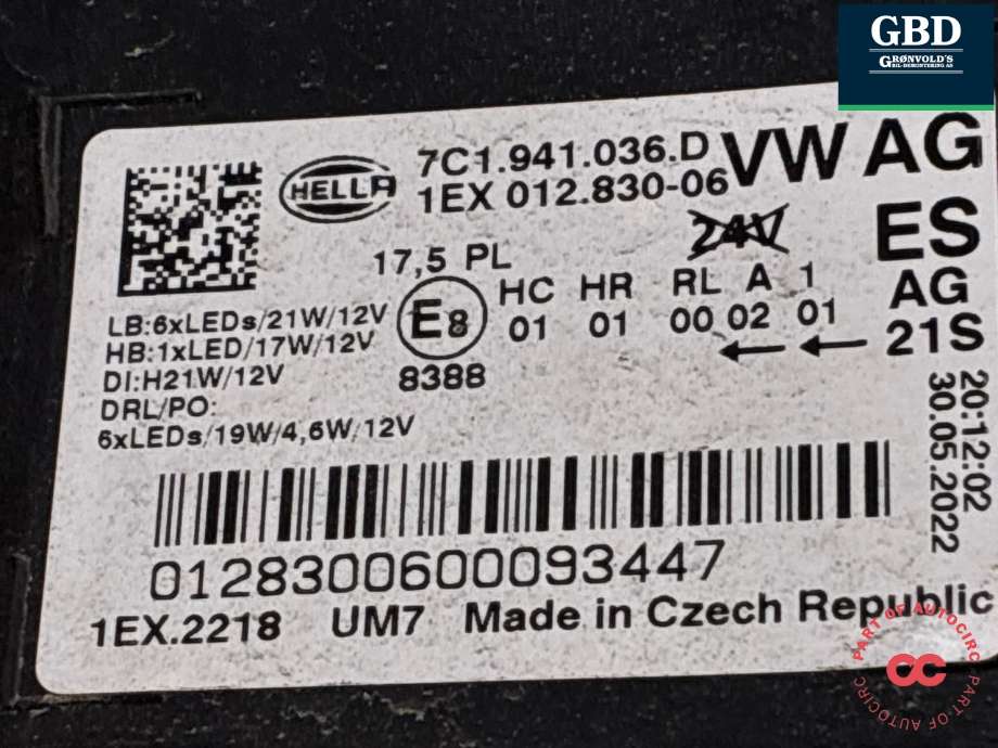 Frontlykt høyre full-LED til VW Crafter 2016-->> (Type II) (7C1 941 774 C|7C1 941 774 B|)