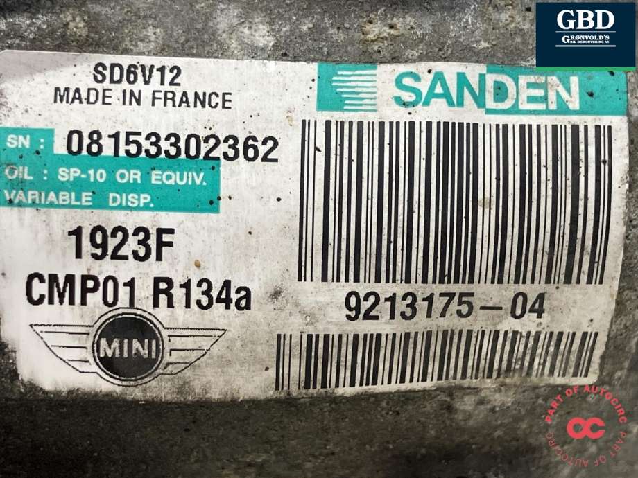 Aircondition kompressor til Mini One/Cooper 2007-2014 (R55-57) (R55-57) (SANDEN||9213175-04|SD6V12)