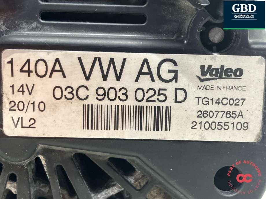 Dynamo til VW Golf, Plus/Cross 2009-2013 (Fase 2) (VALEO|03C 903 025 DX|03C 903 025 D|TG14C027)