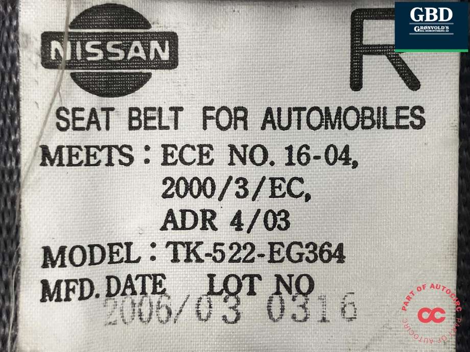 Sikkerhetsbelte foran høyre til Nissan King Cab 2002-2011 (Fase 2) (D22/NP300) (D22/NP300) (TAKATA|86884VK710|TK-522-EG364|)